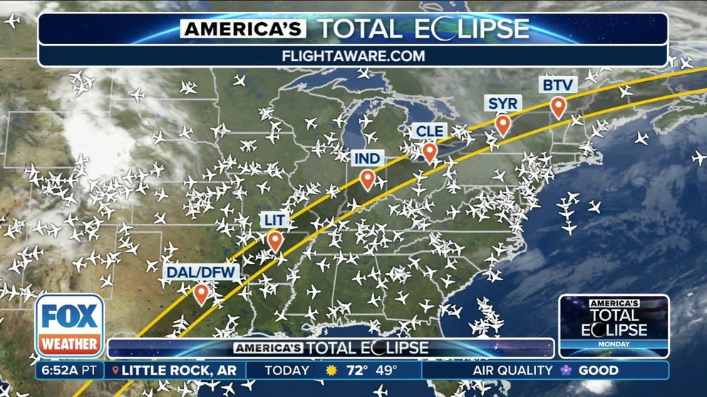 Meteorologist and pilot J.P. Dice joins FOX Weather to discuss potential effects on air traffic and airports that are around the path of totality during the solar eclipse on Monday. 