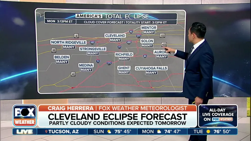 Partly cloudy conditions are in the forecast for parts of Ohio in the path of totality on Monday. FOX Weather Meteorologist Craig Herrera explains what eclipse viewers can expect in Cleveland.