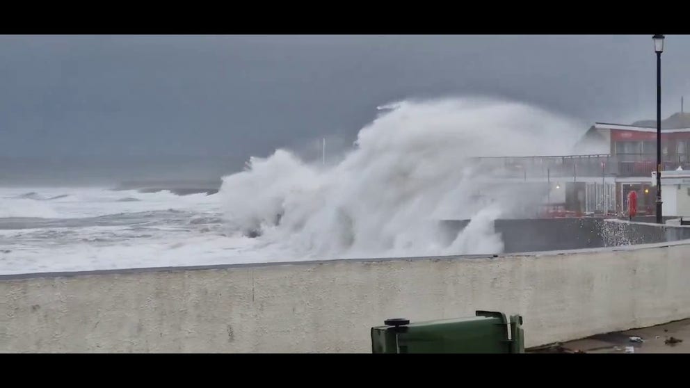 Video shows wild waves crashing in the seaside village of Westward Ho! in North Devon on Tuesday. The rough seas were from Storm Pierrick causing large swells of the Devon and Cornwall coasts in the United Kingdom.