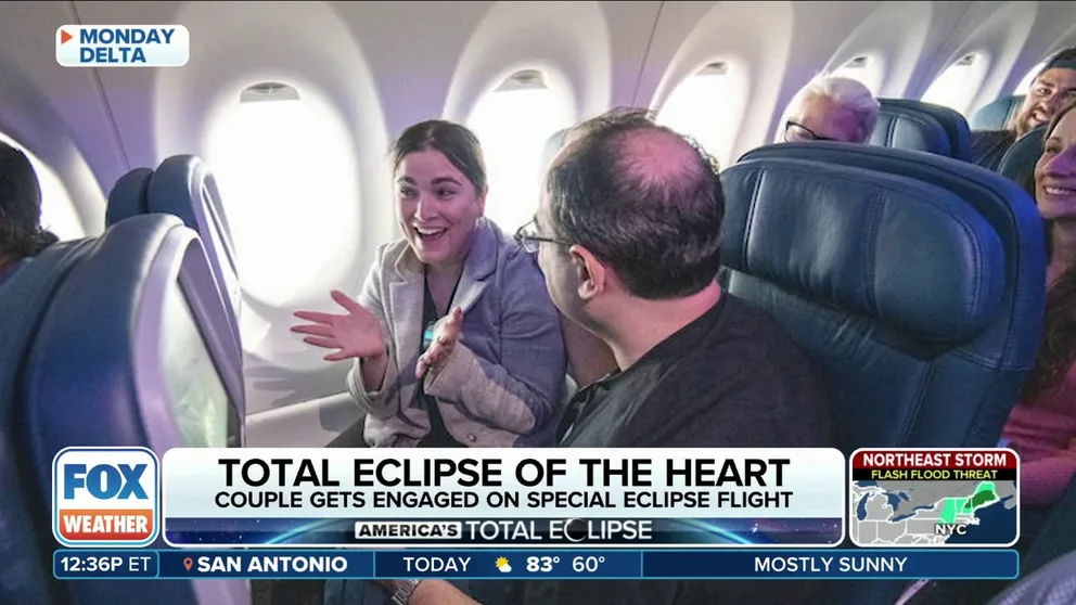 Passengers on a Delta flight were treated to a special experience on Monday as they witnessed a total solar eclipse thousands of feet in the air. Love was also in the air as one couple got engaged during the flight. Michele Rosenblatt and Neil Albstein share their heartwarming story with FOX Weather.