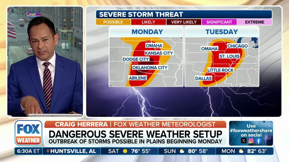 A classic spring severe weather setup is forecast to take fruition on Monday into Tuesday, threatening strong thunderstorms and possible tornadoes across a half-dozen states to kick off the workweek. 