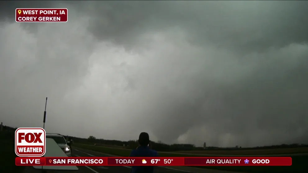 FOX Weather Storm Trackers captured video of at least one cone-shaped tornado in southeastern Iowa on Tuesday.