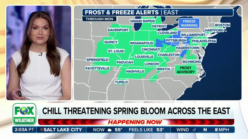 Frost Advisories and Freeze Warnings are posted through Monday morning across portions of the central and eastern U.S., including parts of the Midwest, mid-South, Ohio Valley, Great Lakes, mid-Atlantic and Northeast.