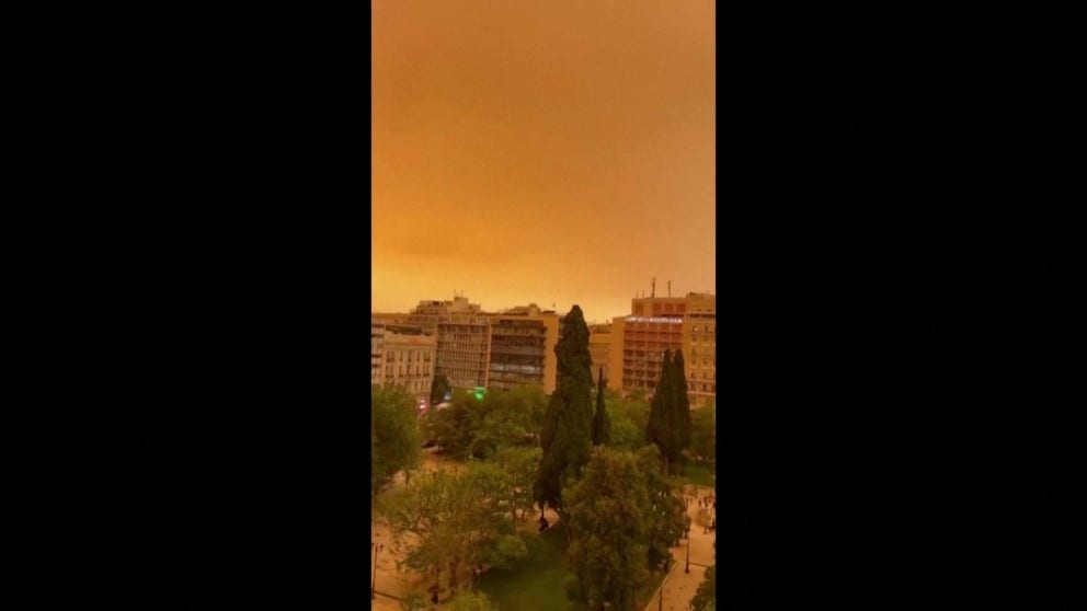 A dust storm that moved across Greece on Tuesday turned the skies red.