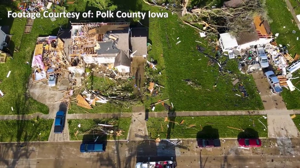 File: Drone video from Polk County, Iowa on April 27, after a tornado outbreak impacted the Hawkeye State.