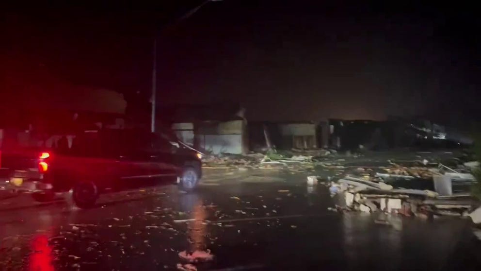 Video recorded in Sulphur, Oklahoma, shows debris littering the streets after a tornado ripped through the community on Saturday, April 27, 2024.