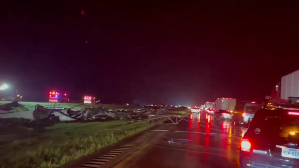 Video recorded on Interstate 35 in Marietta, Oklahoma, shows damage left behind when a tornado moved through on Saturday, April, 27, 2024.