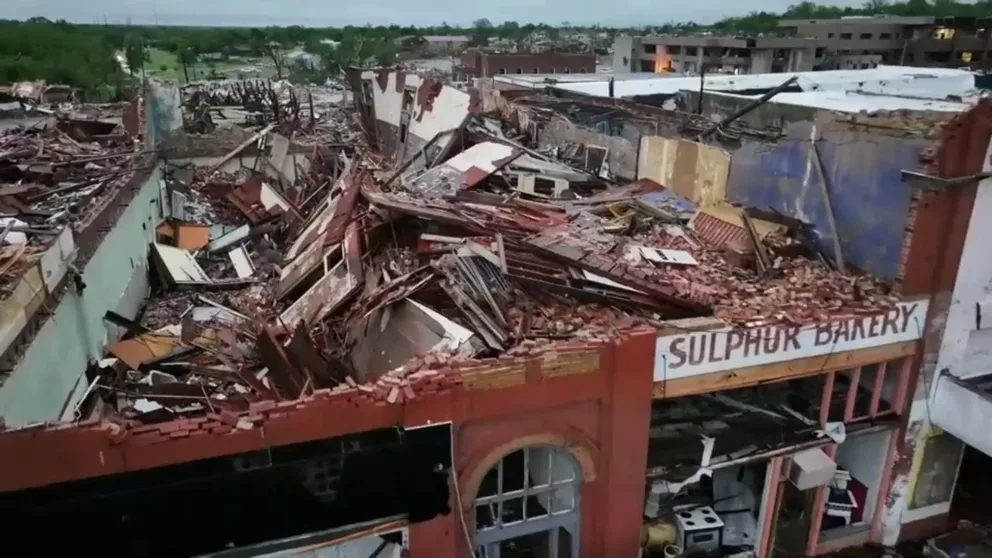 First light tornado damage from Sulphur, Oklahoma was seen on April 28, 2024. Drone footage shows destroyed businesses and homes, as well as cars thrown and turned over from an intense tornado that passed through the town.