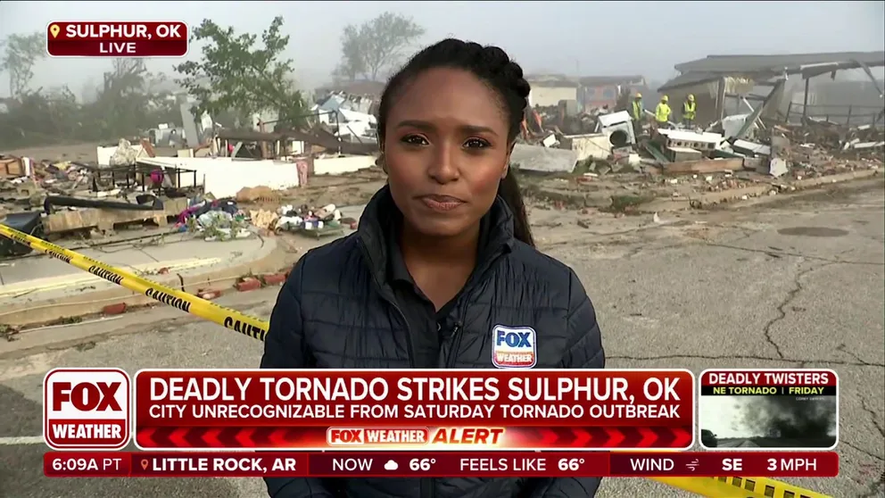 Most businesses in downtown Sulphur were completely destroyed by an EF-3 tornado on Saturday night during a severe weather outbreak. FOX Weather Correspondent Brandy Campbell said the situation is dangerous because buildings continue to collapse two days after the tornado. 
