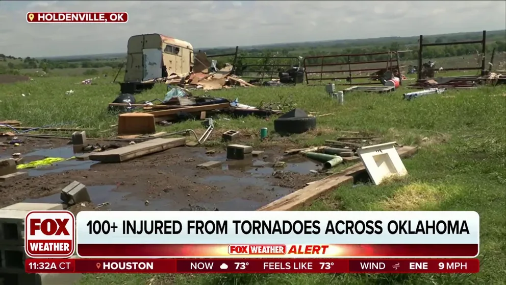 FOX Weather's Katie Byrne reports from Holdenville, Oklahoma, a community reeling after a tornado struck Saturday killing a baby and a man. Flooding rains following the twister left the ground soaked and will delay burying the victims.