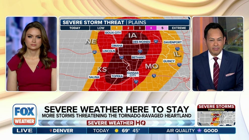 Another round of severe weather is targeting areas of the Plains and Midwest that were ravaged by deadly tornadoes last week. Severe thunderstorms will be capable of producing large hail, damaging wind gusts and possible tornadoes on Tuesday and Wednesday.