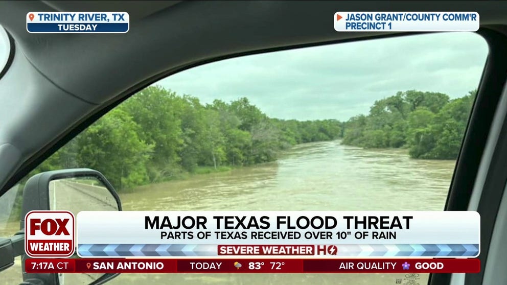 Heavy rain has caused rivers to overflow their banks in parts of Texas, forcing officials to ask people in neighborhoods along the Trinity River and San Jacinto River to leave their homes until water recedes.