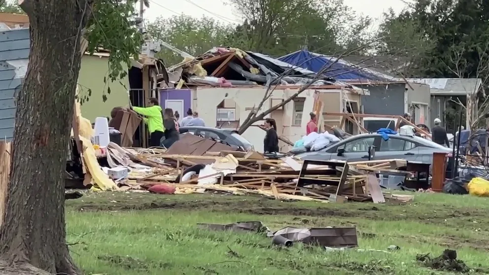 Video recorded in Westmoreland, Kansas, shows the cleanup efforts currently underway after a deadly tornado ripped through the community on Tuesday, April 30, 2024.