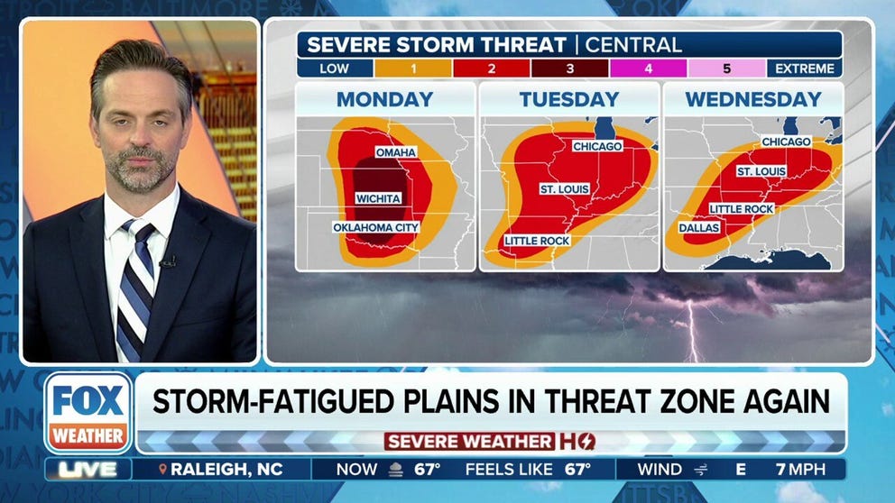 Severe thunderstorms will impact millions from the Plains to the Midwest during the workweek. The FOX Forecast Center warns threats will include large hail, damaging winds and tornadoes.