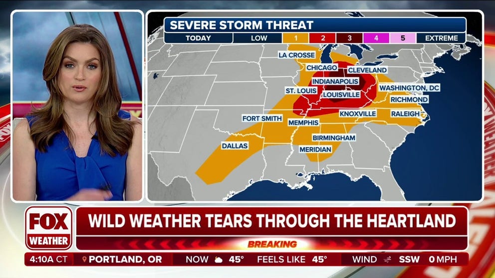 After Monday's deadly severe weather in the central U.S., the threat of severe storms shifts eastward into the Ohio Valley on Tuesday. A few tornadoes, large hail and damaging winds are all possible.