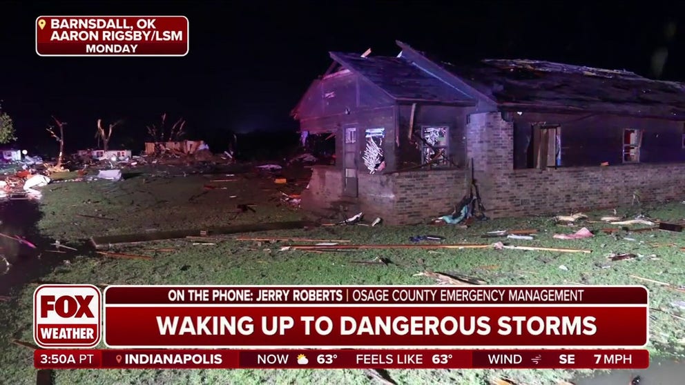 One person has died after a devastating tornado destroyed homes and toppled power lines as it moved through a small town northeast of Oklahoma City on Monday evening.