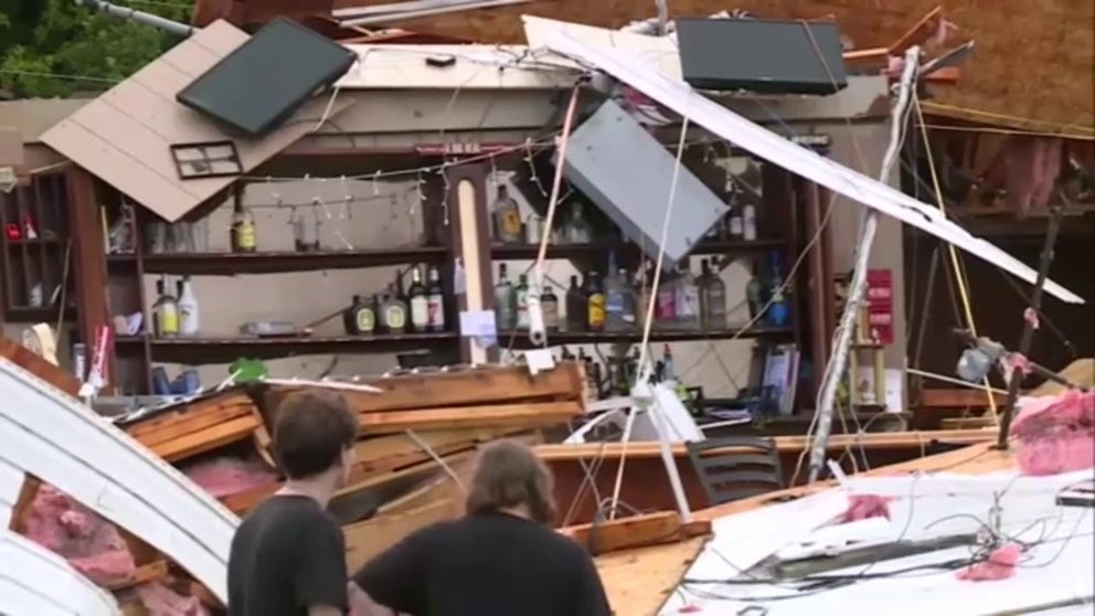 Video recorded in Franklin County, Missouri, shows a pub that was heavily damaged by an EF-1 tornado in the town of Sullivan.