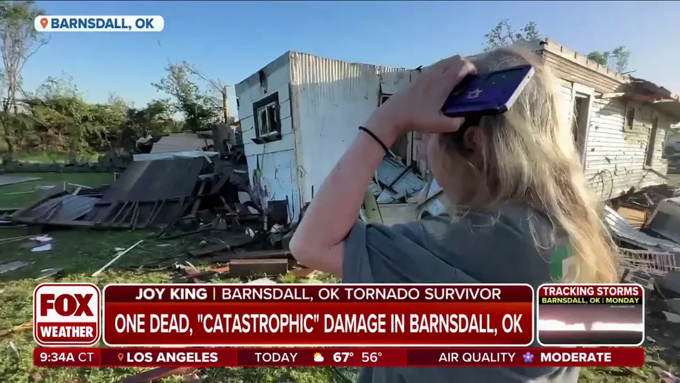 Joy King, of Barnsdall, Oklahoma, surrived a devastating tornado that destroyed homes and toppled power lines as it ripped through her small town northeast of Oklahoma City on Monday evening.