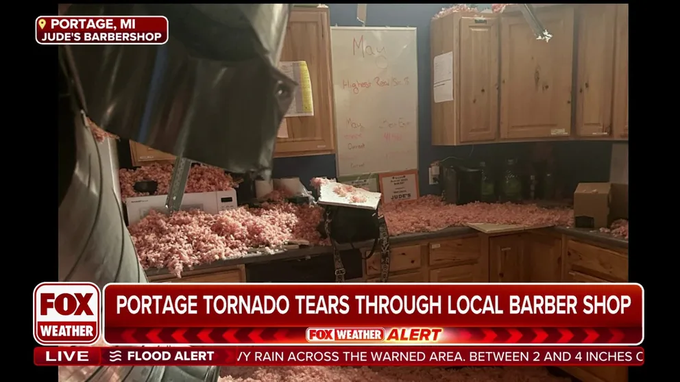 Hair stylist Amanda Miller tells FOX Weather how she escaped injury with her customer and coworkers as a tornado tore the roof off the Portage, Michigan barber shop.