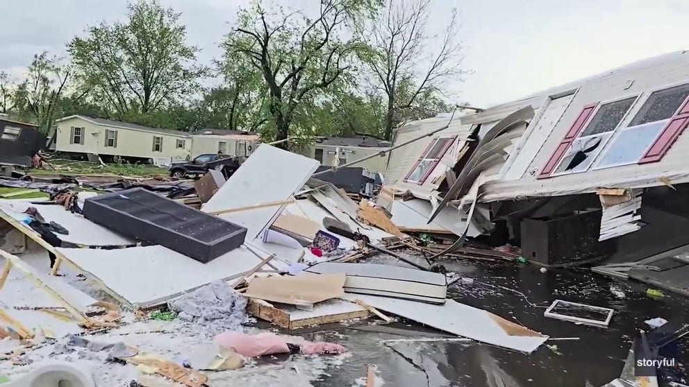 Video recorded at the Pavillion Estates mobile home park in Kalamazoo, Michigan, shows homes flipped upside down and stunned residents jumping out of windows as the hissing sound of gas fills the air after a tornado ripped through the neighborhood on Tuesday, May 6, 2024.