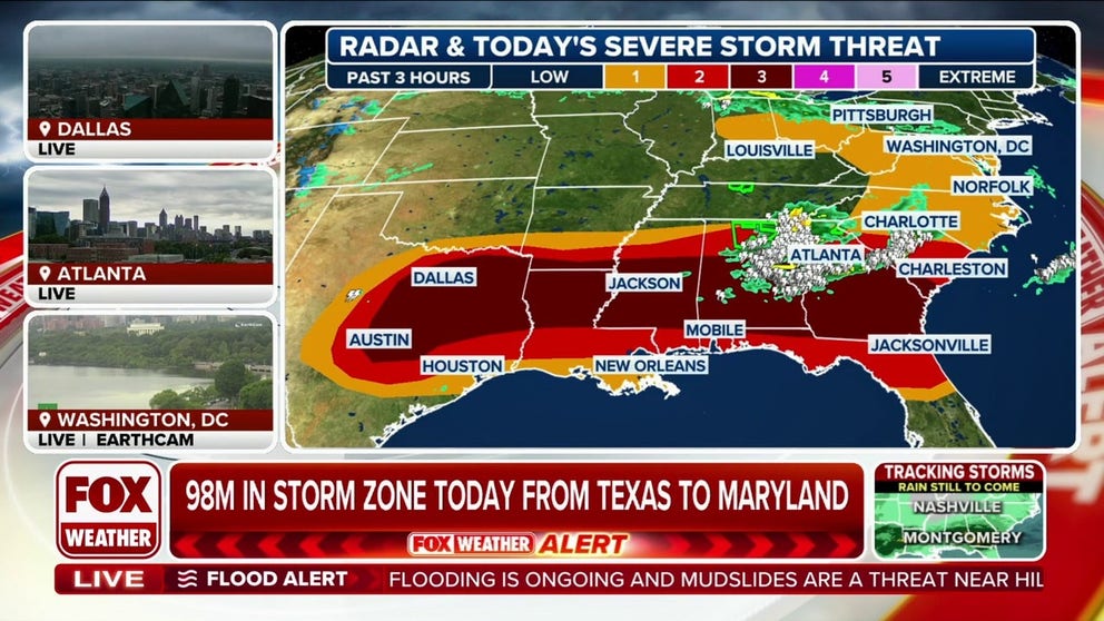 Thursday is shaping up to be another potentially dangerous day of severe weather with about 98 million people from Texas to the East Coast at risk of seeing thunderstorms capable of producing large hail, damaging wind gusts and possible tornadoes.