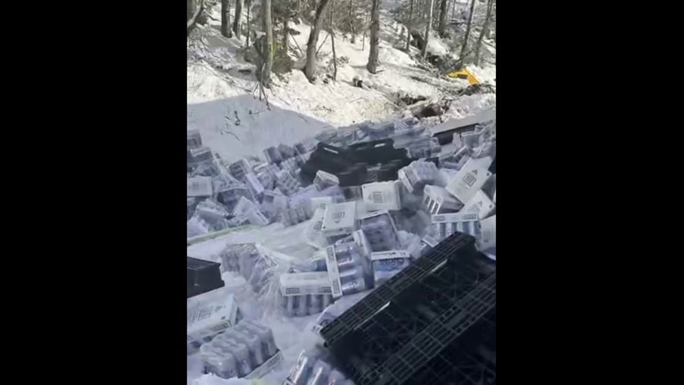 The California Highway Patrol had to reroute traffic through the California mountains on Monday after a beer truck overturned on icy Interstate 80 dumping cases of Coors Light everywhere.