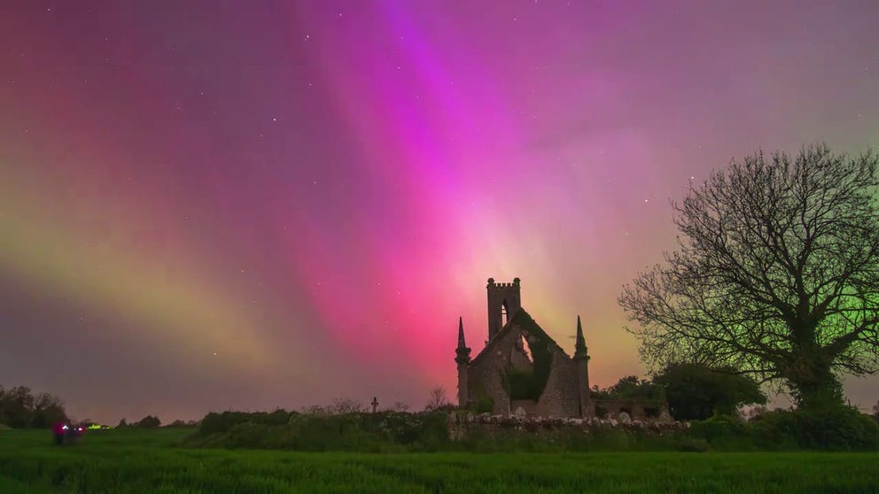 Incredible time-lapse video recorded in Ireland shows the vibrant colors from the Northern Lights moving across the night sky above Ballynafagh Church in Kildare.