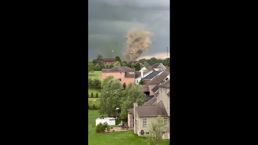 Video recorded in Venetia, Pennsylvania, shows the moment a tornado tears through a building the fills the air with debris on Saturday, May 11, 2024.