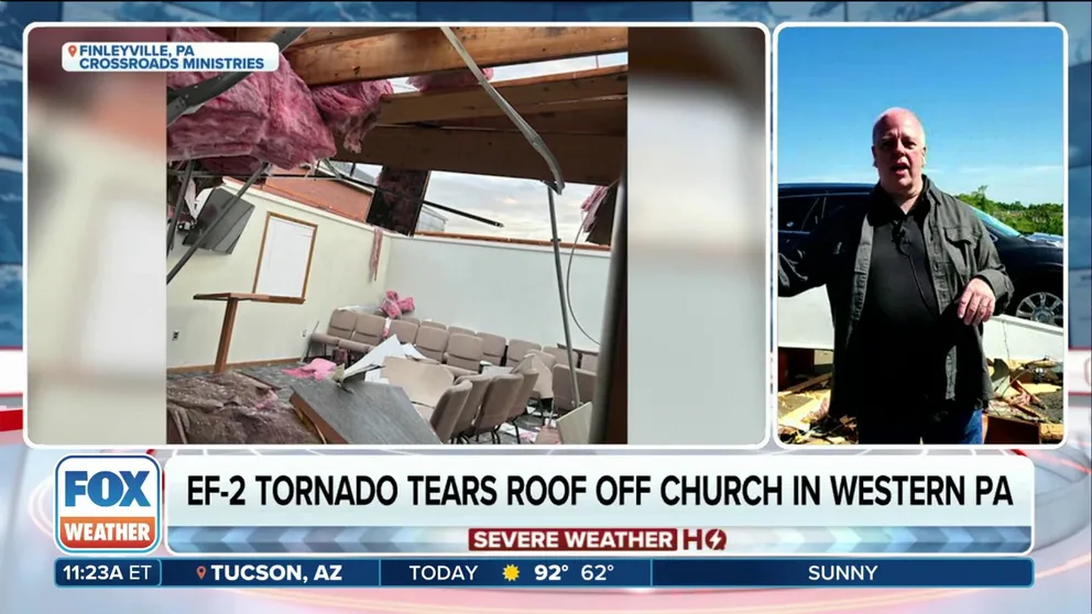 Crossroads Ministries Pastor Ken Barner joined FOX Weather to talk about his experience when a powerful EF-2 tornado slammed into his church in Finleyville, Pennsylvania, while he was holding a service on Saturday, May 11, 2024.