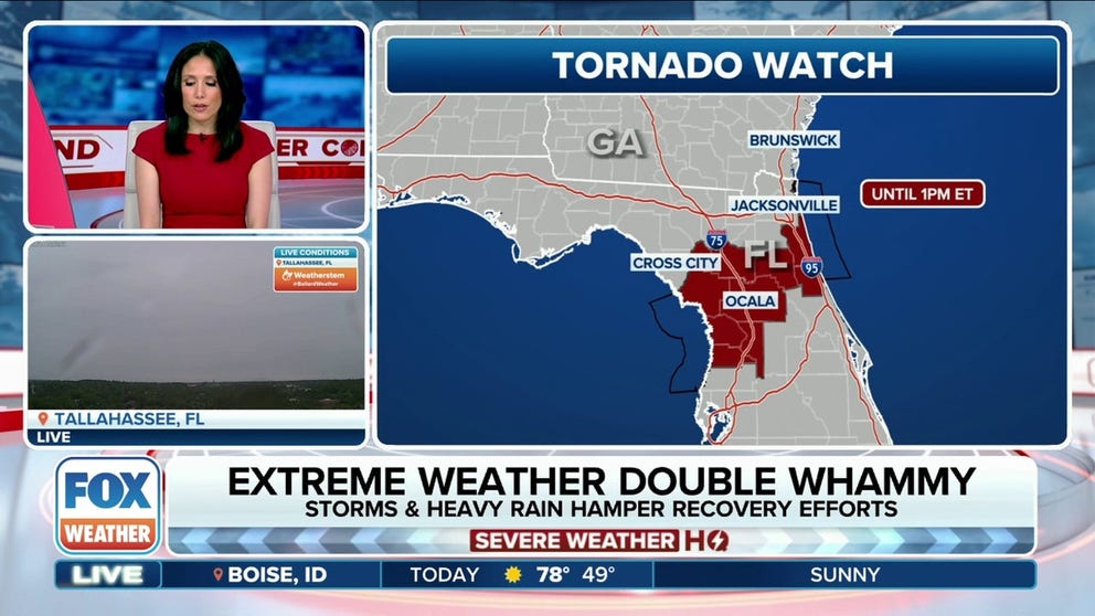 Parts of northern and central Florida remain under a Tornado Watch until Tuesday afternoon as powerful storms continue to sweep across the Southeast.