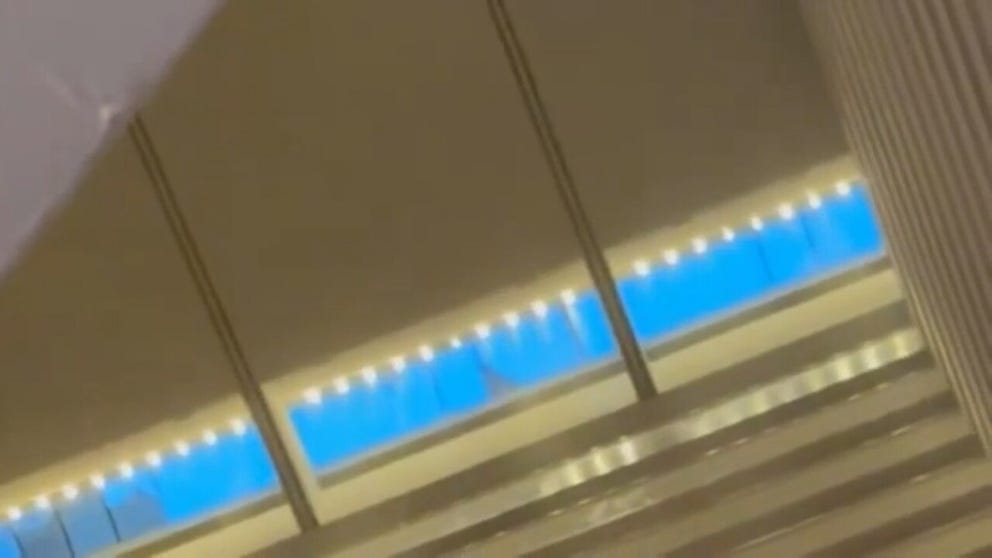 Rain and debris poured into the lobby at the Hyatt Regency hotel in downtown Houston.