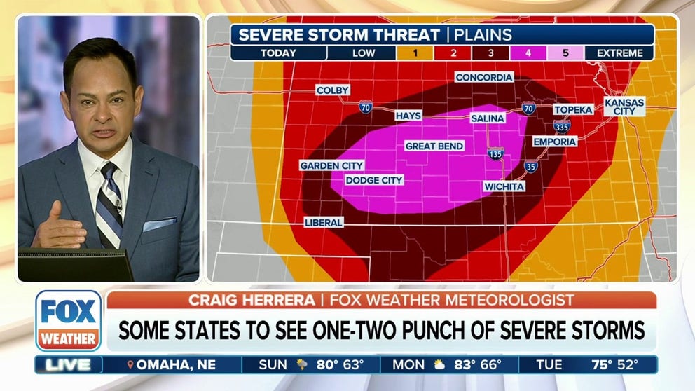 Forecasters are keeping their eyes on the central U.S. as severe thunderstorms are expected to sweep across parts of Kansas and Oklahoma on Sunday, including the potential for a derecho that could produce destructive wind gusts, very large hail and possible tornadoes.