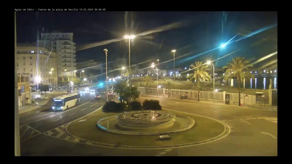 CCTV footage from the city of Cadiz in southwestern Spain shows a fireball shooting across the sky on May 19, 2024. 