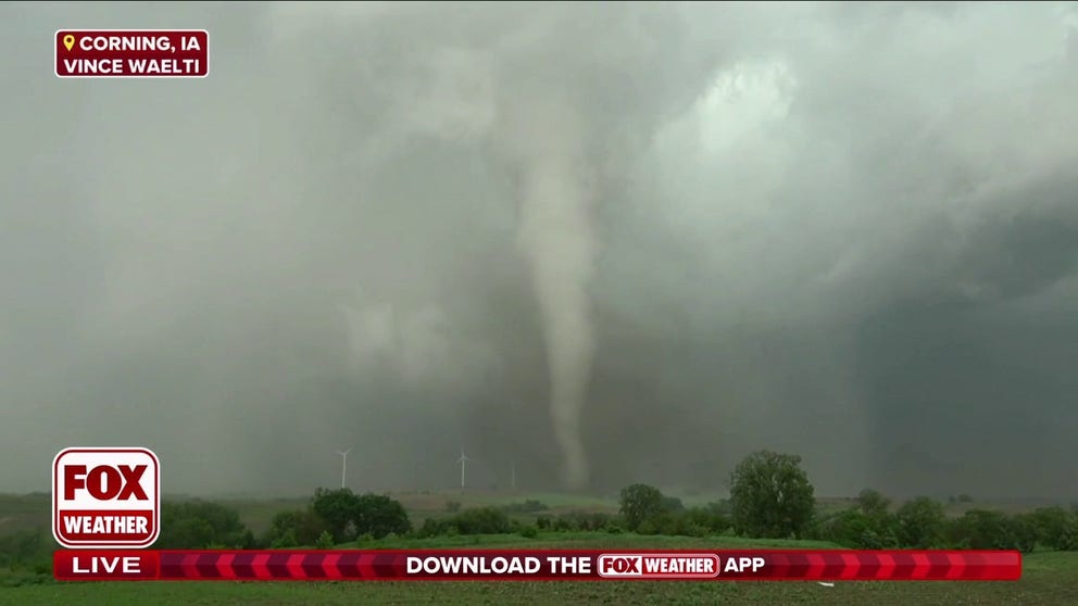 Storm trackers get a closeup of the tornado in Corning, Iowa to see how much debris is being thrown around.