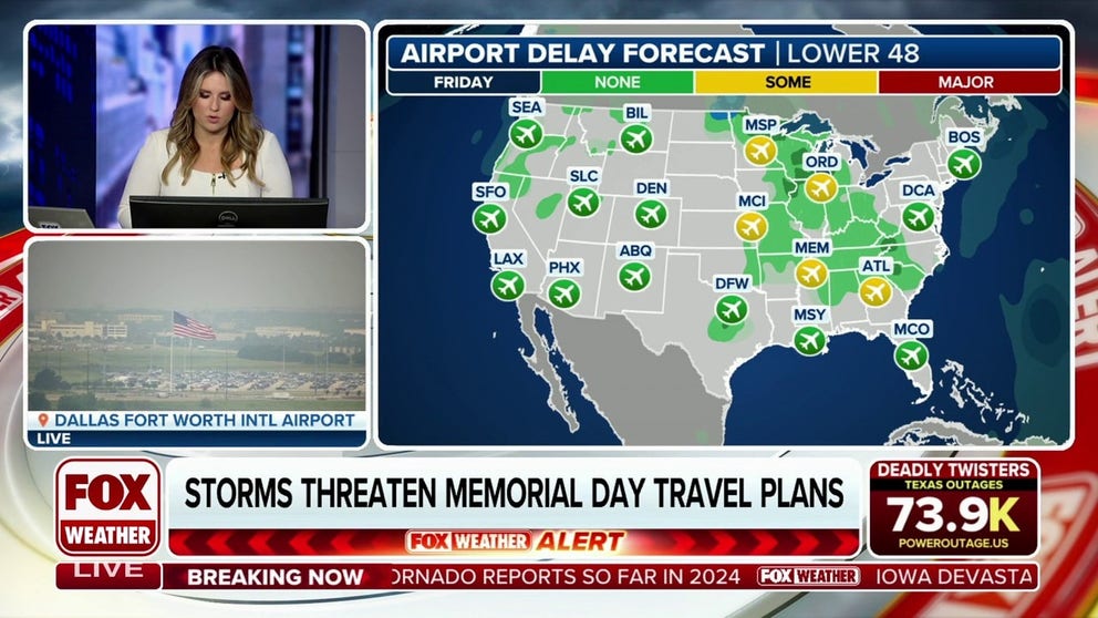 Areas from Texas to New York could see storms through the Memorial Day weekend that may disrupt travel plans for many. Starting Thursday severe storms will stretch from the Plains into the Great Lakes. 