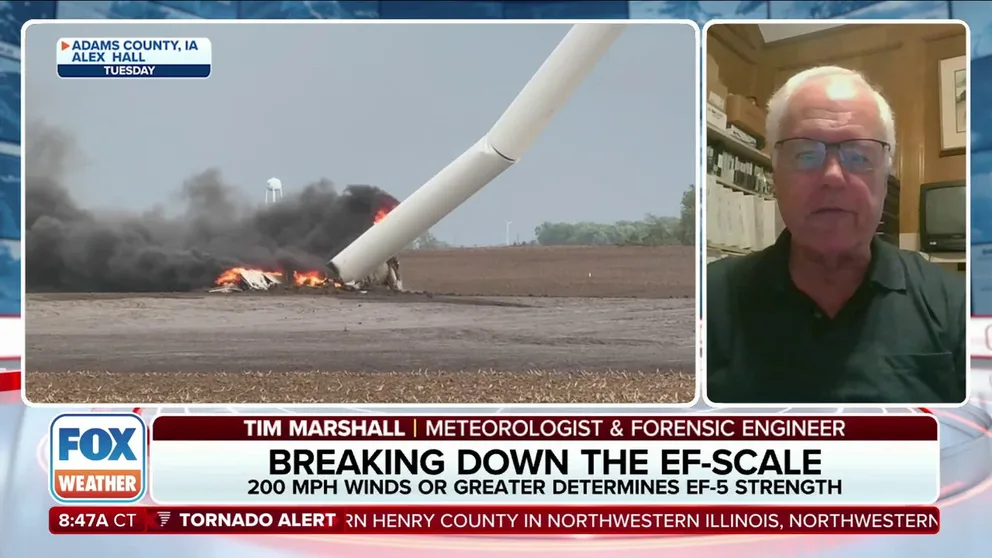 Meteorologist and forensic engineer Tim Marshall, who is part of the team who brought the Enhanced Fujita Scale, says damage from wind turbines may now play an added role in helping determine the wind speeds inside a tornado. 