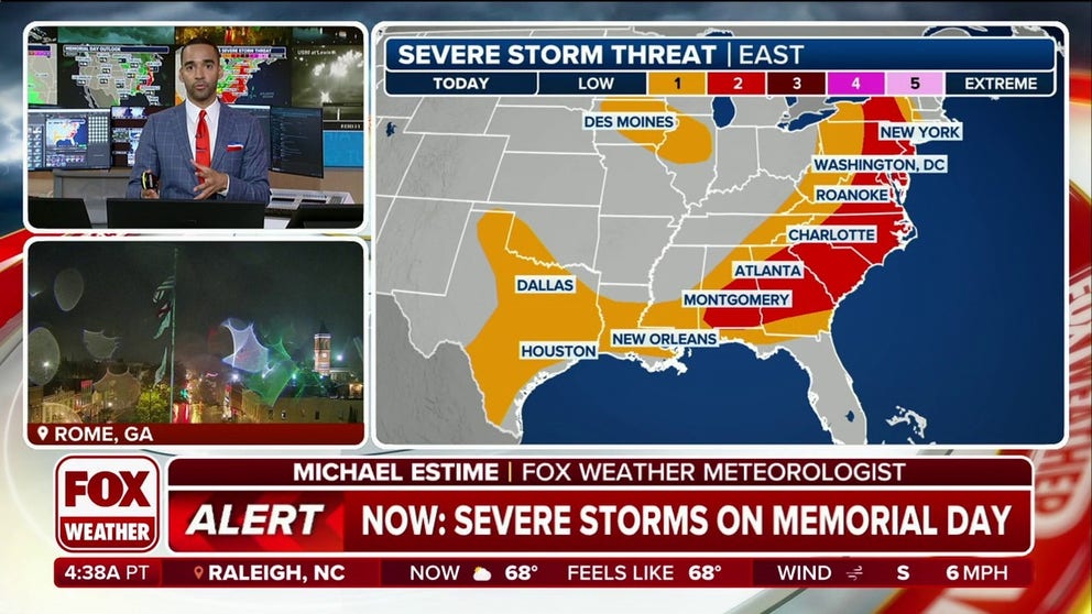 After severe weather and tornadoes tore across the nation's heartland and killed at least 20 people across four states over the weekend, the threat of severe storms shifts east on Memorial Day and places millions along the Interstate 95 corridor at risk of damaging wind gusts, large hail and a few tornadoes.