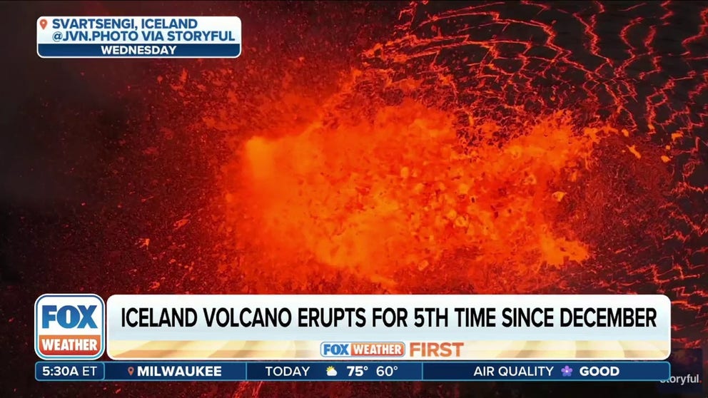 FILE - A volcano outside the seaside town of Grindavík in Iceland erupted for the fifth time since the end of 2023 on Wednesday, sending lava shooting more than 160 feet into the air while residents and tourists at the popular Blue Lagoon geothermal spa evacuated the area.