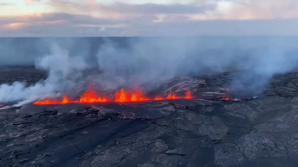 The USGS provided video from the first helicopter flight over the eruption of Hawaii's Kilauea volcano showing lava shooting from a massive fissure on Monday, June 3, 2024.