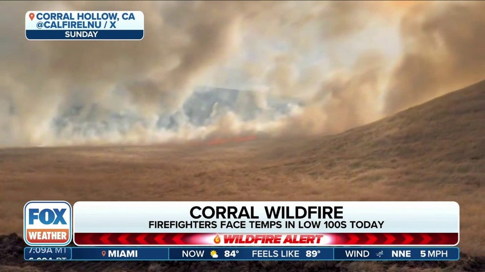 Temperatures are soaring into the triple-digits starting on Tuesday as the 14,000 acre Corral wildfire in Central California continues to burn. Containment has increased since the fire began on Saturday but conditions are extreme with layers of dry brush and hot temperatures. 