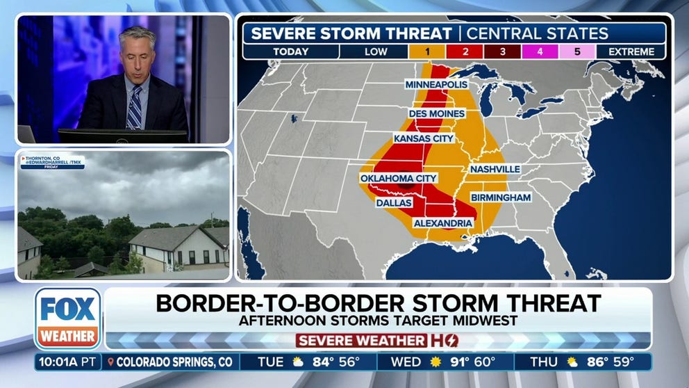 Tens of millions of people from the Gulf Coast to Minnesota are at risk of seeing severe weather on Tuesday, but NOAA's Storm prediction Center has highlighted an area of the Plains with a higher risk of seeing powerful storms.