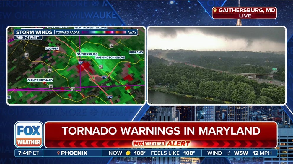 Severe thunderstorms produced funnel clouds and tornadoes outside of Washington, D.C. in Maryland on Wednesday evening.