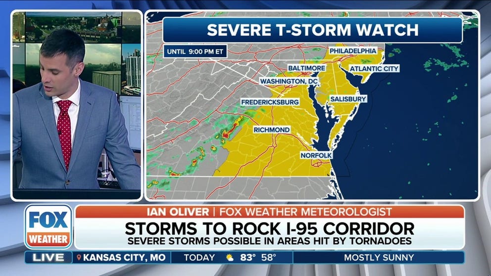 The FOX Forecast center is again tracking the threat for severe storms in the mid-Atlantic but unlike during Wednesday’s round of tornadoes, the greatest risks exist east and south of the metros such as D.C. and Baltimore.