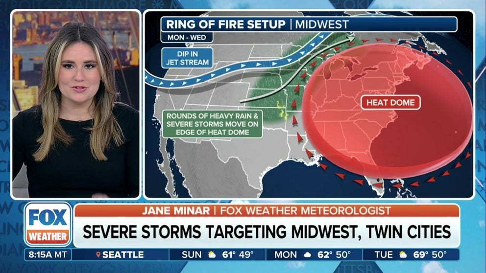 Millions of people in the Midwest are bracing for a period of wet, stormy days during the upcoming workweek that’s being attributed to a heat dome impacting the eastern U.S. Complexes of thunderstorms are expected to move along the edge of the ridge of high pressure, known as a