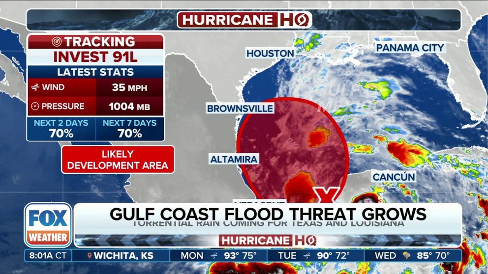 The National Hurricane Center says a broad area of low pressure, officially designated Invest 91L, has formed over the Bay of Campeche and has a high chance of developing into a tropical depression or tropical storm as it moves over the Gulf of Mexico and sends heavy rain into areas of Texas and Louisiana over the next few days.