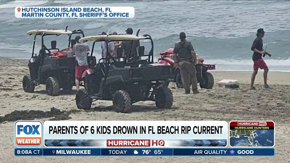The mother and father of six mostly teen children drowned Thursday after getting pulled out to sea in strong rip currents while on a family vacation in Florida.