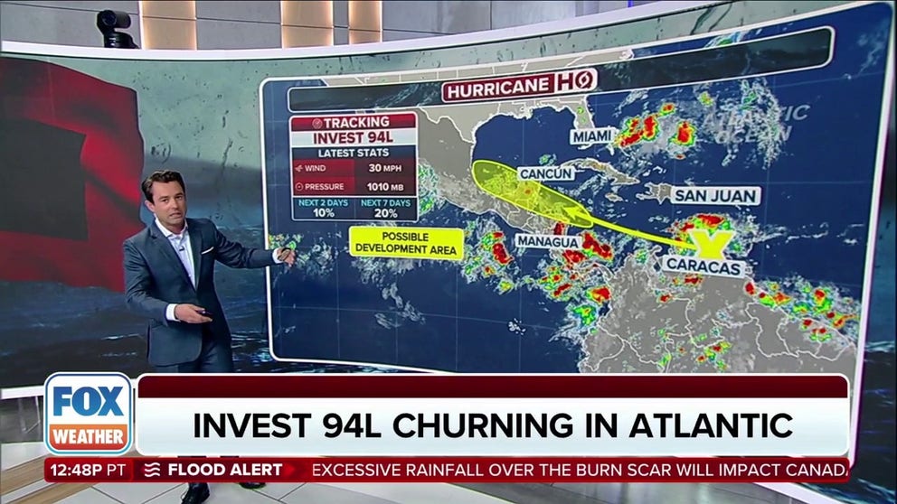 FOX Weather is tracking Invest 94L, a tropical wave that has a 20% chance of strengthening over the next seven days. Saharan dust could block that though.