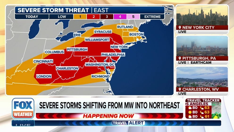 Clusters of thunderstorms accompanied by potentially damaging wind gusts are possible Wednesday from the Ohio Valley into northern Mid-Atlantic.