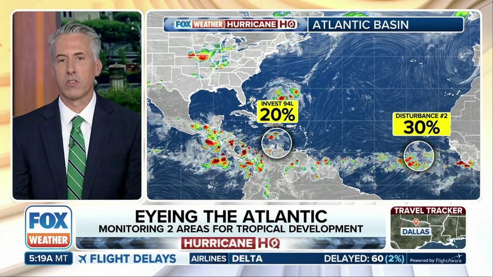 A tropical disturbance currently percolating in the southeastern Caribbean Sea just off the Venezuelan coast has been designated Invest 94L by the National Hurricane Center, while forecasters said they are also monitoring a second disturbance near Africa that could develop.