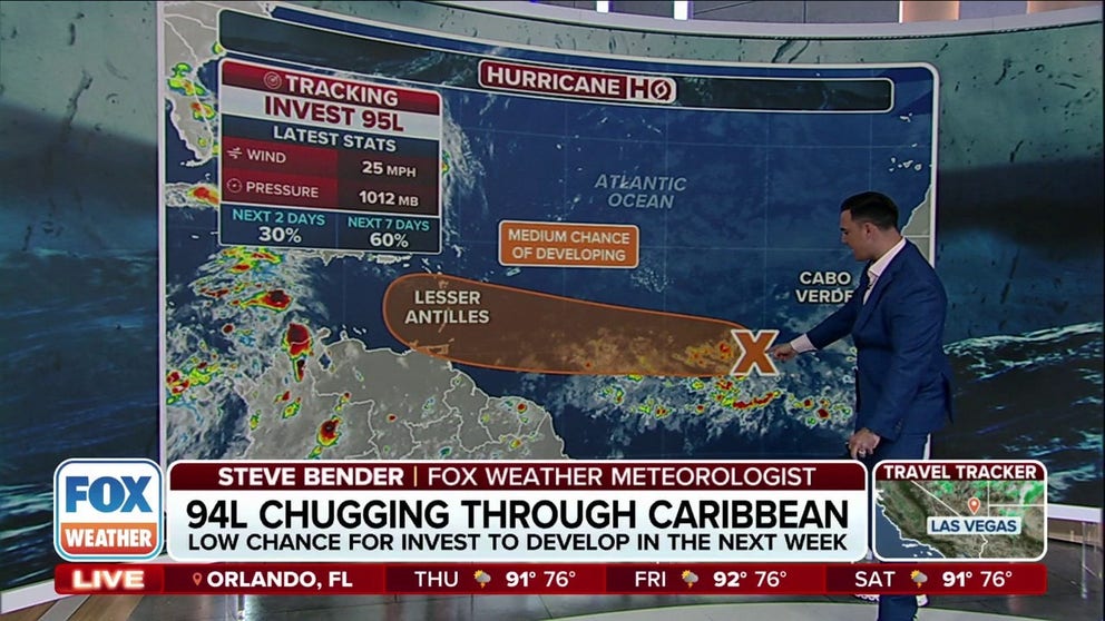 FOX Weather is tracking two potential tropical trouble spots. The NHC designated them Invests 94L and 95L. And, the NHC upped its chance of developing.